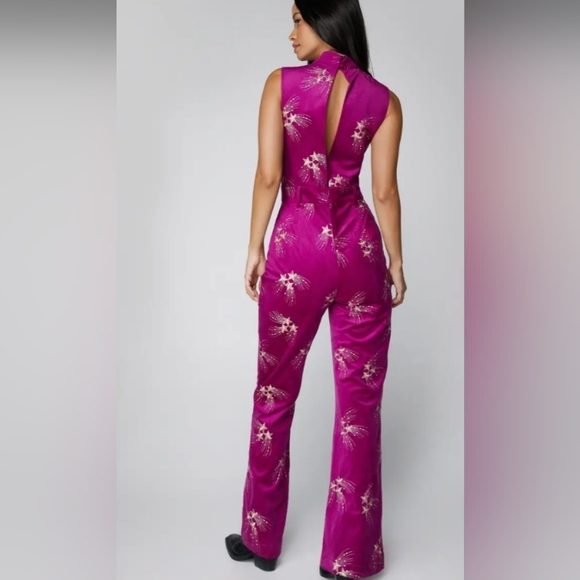 Nasty Gal Purple Velvet Jumpsuit with Gold Floral Design Size 6 EUC - Picture 2 of 10